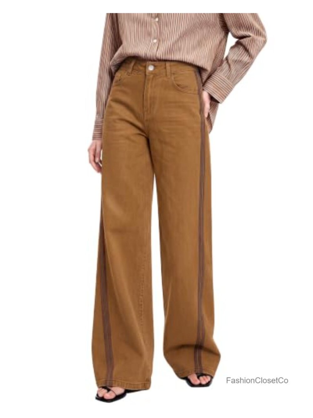 Women High Rise Wide Leg Jeans Stretchy Track Stripe Denim Pants